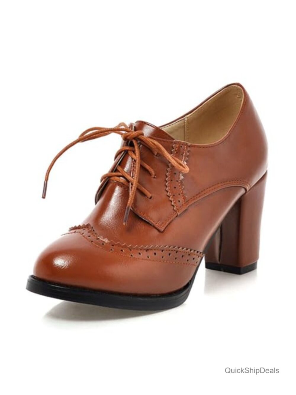 Vintage Chunky Block Heel Oxfords PU Leather Round Toe Lace Up Pumps
